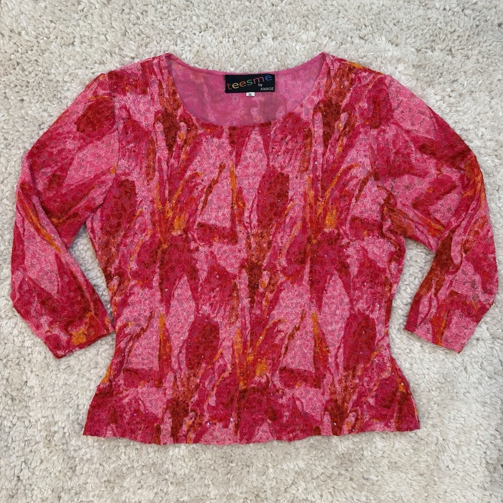 Vtg Teesme Pink Lace 3/4 Sleeve Top XL Sheer Abstract Floral Sequins Beaded Y2K